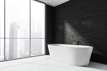 Naklejka na ściany i meble White bathtub in the panoramic bathroom interior with black wall. Corner view.
