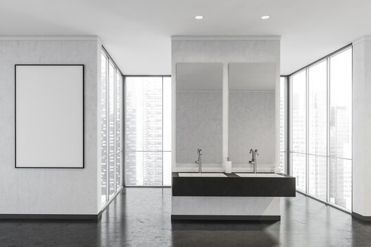 Banner and partition with black shelf vanity in the white panoramic bathroom