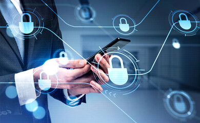 Businessman in formal suit is browsing the Internet in smartphone. Blue glowing information...