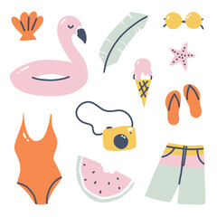 Summer clipart illustrations. Summer beach vacation and recreation time. Vector cartoon art