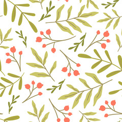 Seamless pattern with greenery and red berries. Simple repeat design with foliage. Vector illustration