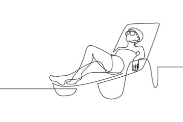 Woman relaxing on a beach lounge chair in continuous line art drawing style. Wellness and relax time. Happy summer vacation. Black linear sketch isolated on white background. Vector illustration