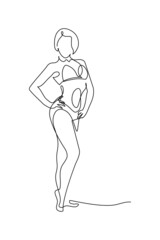 Fit woman in continuous line art drawing style. Healthy woman with strong muscular body minimalist black linear sketch isolated on white background. Vector illustration