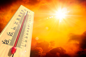 Heat Temperature - Thermometer And Warm Sun - Extreme Climate - contain 3d Rendering - obrazy, fototapety, plakaty