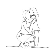 Happy mom with her female child in continuous line art drawing style. Mother and daughter hugging. Minimalist black linear sketch isolated on white background. Vector illustration
