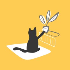 Cute black cat and a falling plant. Flat minimalistic vector illustration.