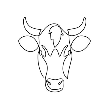 Cow head in continuous line art drawing style. Horned cow front portrait minimalist black linear sketch isolated on white background. Vector illustration