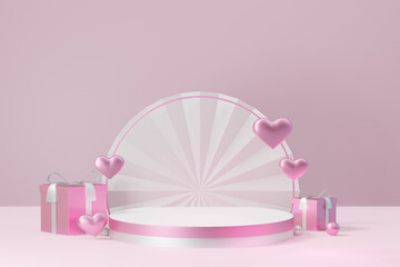 Cosmetic display product stand, Pink white cylinder block podium with heart and gift box on pink background. 3D rendering illustration.