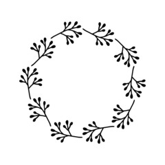 Fototapeta na wymiar Hand-drawn wreath on white background. Black plant doodle wreath.