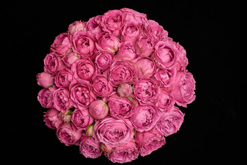 round bouquet of pink roses on black background