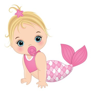 Cute Little Baby Mermaid with Pink Fishtail. Vector Baby Mermaid