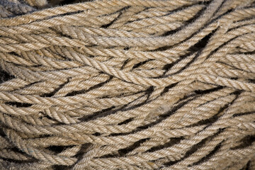 Rope coiled on the quayside in the harbour at Stonehaven, Aberdeenshire