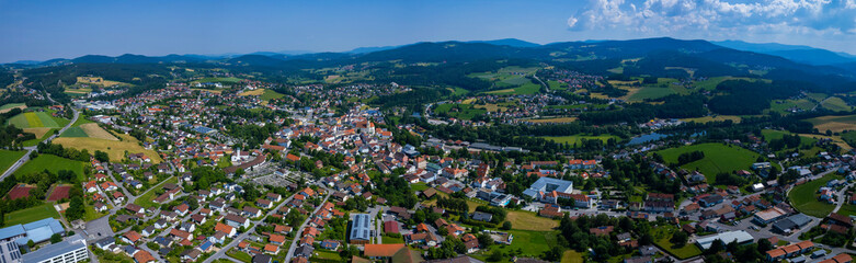 Fototapeta na wymiar Aerial view around the city Viechtach in Germany., Bavaria on a sunny afternoon in spring.