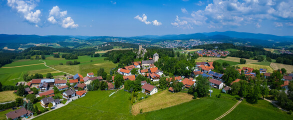 Fototapeta na wymiar Aerial view around the village Weißenstein in Germany., Bavaria on a sunny afternoon in spring.