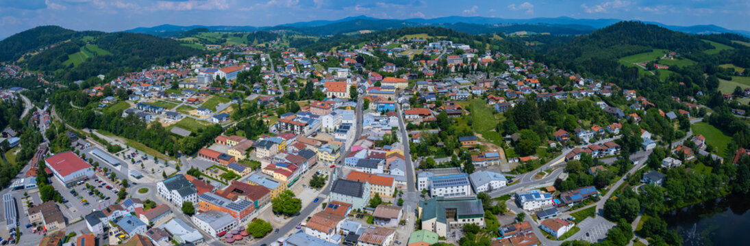 Aerial view around the city Grafenau in Germany., Bavaria on a sunny afternoon in spring.