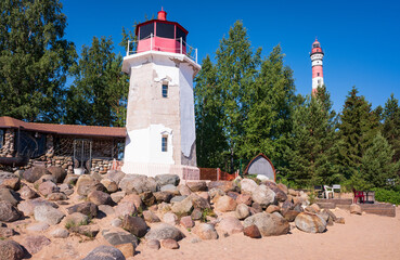 Sightseeing of the Leningrad Region. Osinovetsky Lighthouse is a popular tourist attraction and a port with boats, Russia