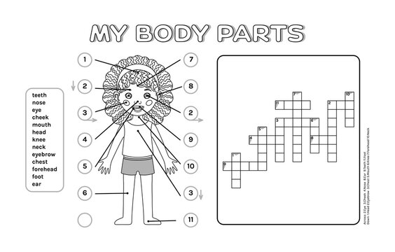 Simple Crossword Puzzle for Children. Afro Girl and My Body Parts. Page from a Workbook, Learning and Intellectual Playing for Kids. Black and White color. Flat Cartoon style. Vector illustration