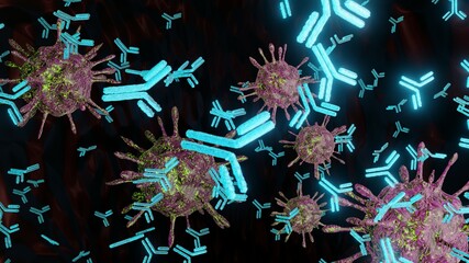 Close-up of dissolving virus under microscope. Antibodies attack and destroy the coronavirus. SARS-CoV-2 COVID-19 pandemic cure or vaccination concept. Realistic high quality medical 3D Rendering