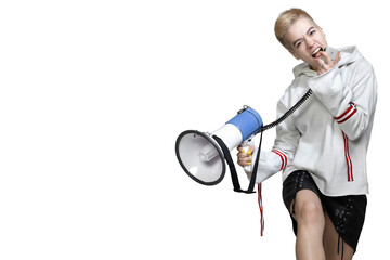 female emotions. girl with a megaphone. 