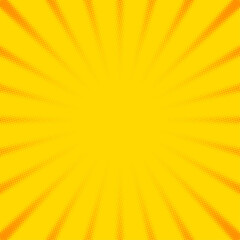 Yellow dotted halftone sunbeams background.