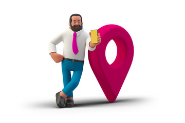 Businessman with Smartphone Standing near GeoPoint sign Mobile Navigation concept isolated on White Background 3D illustration. 3D people collection