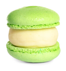 Green macaron on white background. Delicious dessert