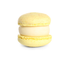 Yellow macaron on white background. Delicious dessert
