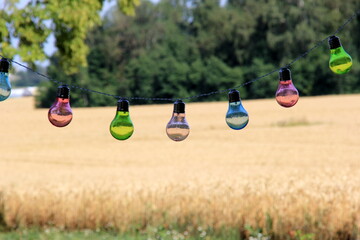 A string of colored electric lights on a landscape background. Selective focus 