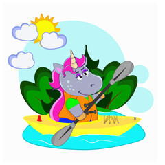 Obraz na płótnie Canvas A cartoon unicorn in a kayak