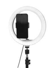 Tripod with ring light and smartphone isolated on white
