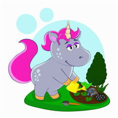 A cute unicorn caring for flowers