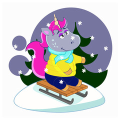 A cute unicorn sledding in winter
