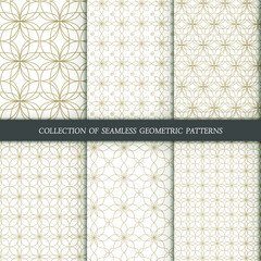 Set of 6 vector seamless patterns. Ornamental gold patterns on a white background. Modern illustrations for wallpapers, flyers, covers, banners, minimalistic ornaments, backgrounds.
