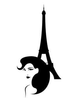beautiful elegant woman with gorgeous hairstyle and eiffel tower behind - fashion girl travel in Paris vector black and white portrait
