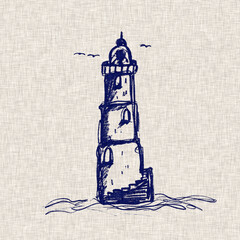 Coastal lighthouse pillow designs template. Indigo blue on linen jute fabric effect. For nautical style soft furnishing cushion cover in beachy farmhouse square motif template.

