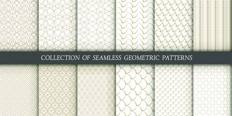 Set of 12 vector seamless patterns. Geometrical gold patterns on a white background. Modern illustrations for wallpapers, flyers, covers, banners, minimalistic ornaments, backgrounds.
