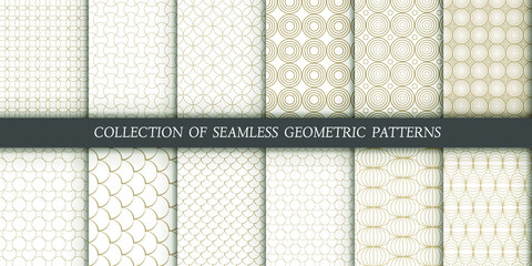 Set of 12 vector seamless patterns. Geometrical gold patterns on a white background. Modern illustrations for wallpapers, flyers, covers, banners, minimalistic ornaments, backgrounds.
