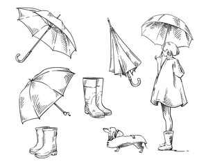 walk in the rain. set of icons about rain and rainy weather. A girl with umbrella walking a dog in a raincoat