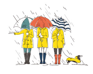 three friends with a dog walking  in the rain withumbrellas vector illustration