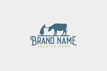 a simple farm logo with an image of a girl taking care of her cow.