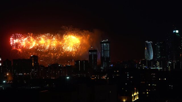 Beautiful night fireworks in honor of Victory Day. Fireworks in honor of the 75th anniversary of Victory in Moscow.