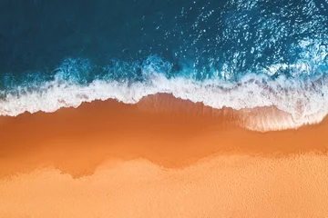 Printed roller blinds Aerial view beach Aerial top view from drone of sandy beach with turquoise sea waves with copy space for text