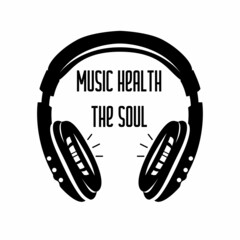 Music related t-shirt design. Music heals the soul quote text phrase quotation. Headphones monochrome graphic. Vector illustration isolated.