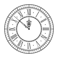 Elegant classic black wall clock with vintage hour hand isolated on white background. Vector illustration. Roman numeral watch