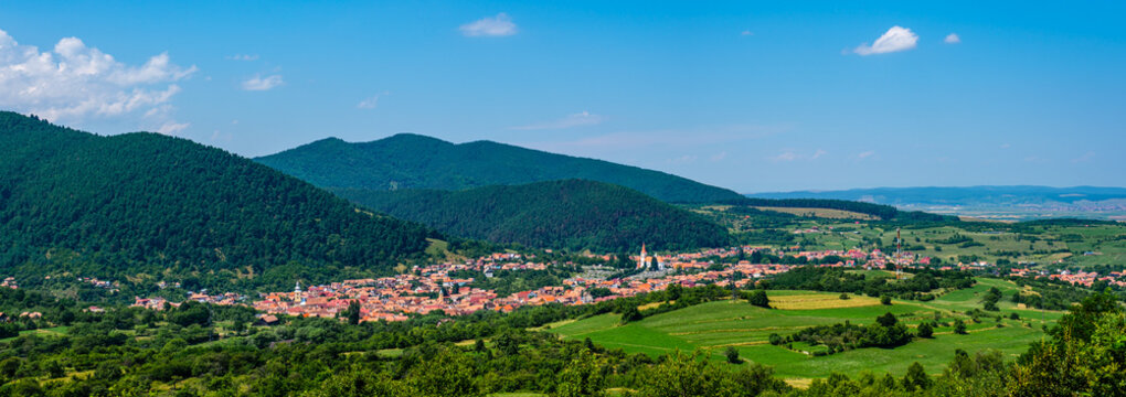 Panoramic View of Rasinari village, Transylvania, Cindrel mountains, Sibiu county, Romania