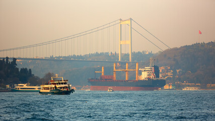 A cargo ship in the Bosphorus, Istanbul, Turkey.
