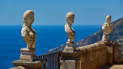 Scenic picture-postcard view of famous Amalfi Coast with Gulf of Salerno from Villa Cimbrone gardens in Ravello, Naples, Italy