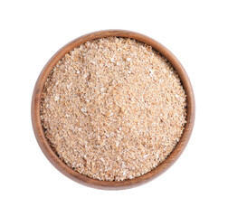Wheat bran in wooden bowl on white background, top view