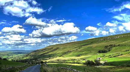 Panoramic view from, Kidstones Bank looking into the fields and valleys of, North Yorkshire, UK 