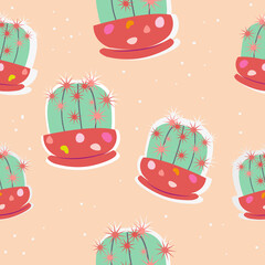 Seamless pattern of cacti on a light pink background. Cacti in pots and with coral thorns. For wallpapers, covers, wrapping paper, textiles and clothing